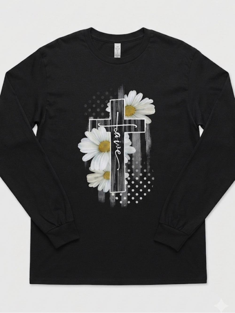 Love in Faith “Faith” Black Long-Sleeve  Graphic Tee with Daisy Cross